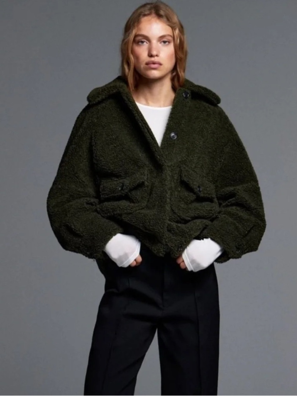 Zara Olive Green Sherpa Jacket - Women's Cozy Oversized Outerwear